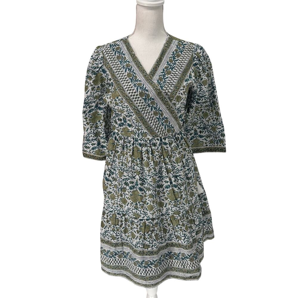 Dolma White blue Green Floral Print 3/4Sleeves Wrap Dress Small